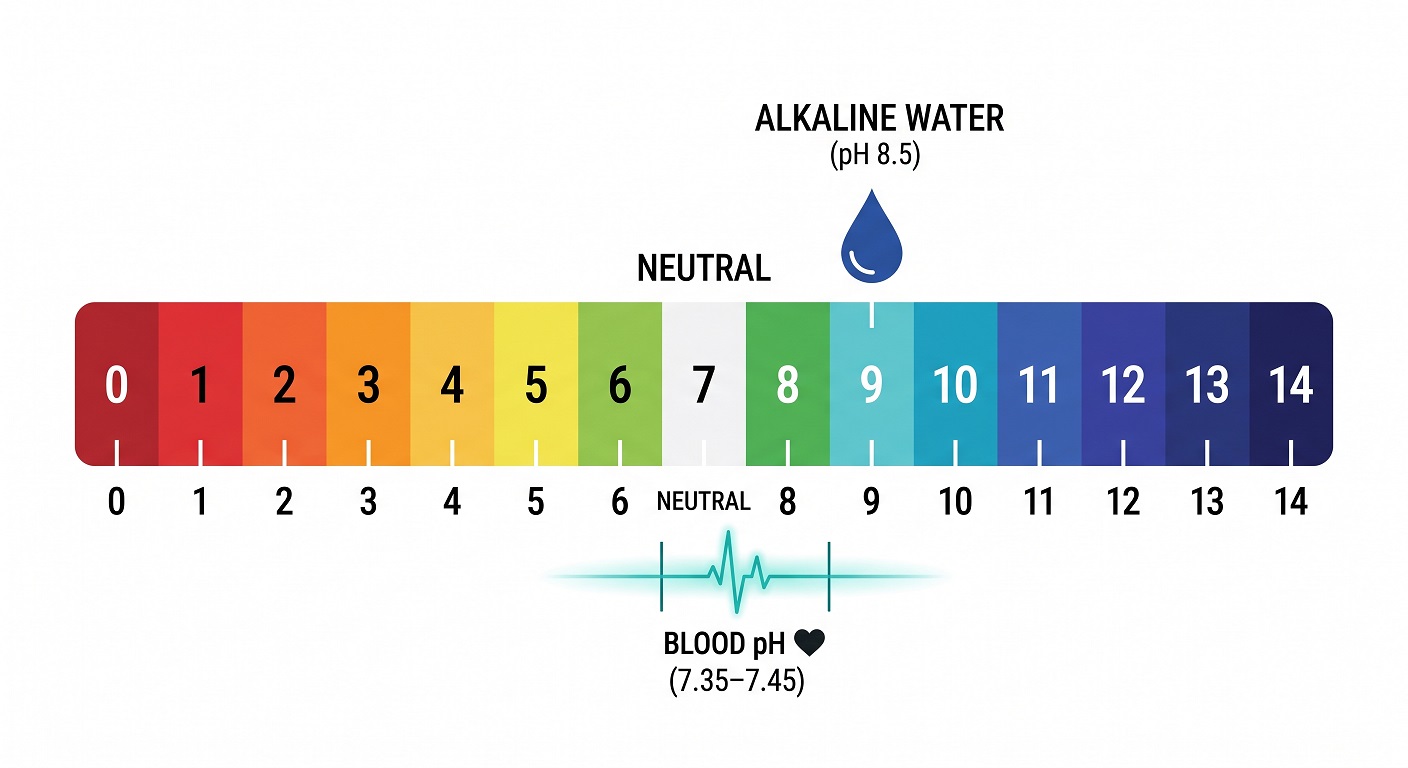 pH scale illustration showing alkaline water at pH 8-9 compared to blood's tightly regulated pH range