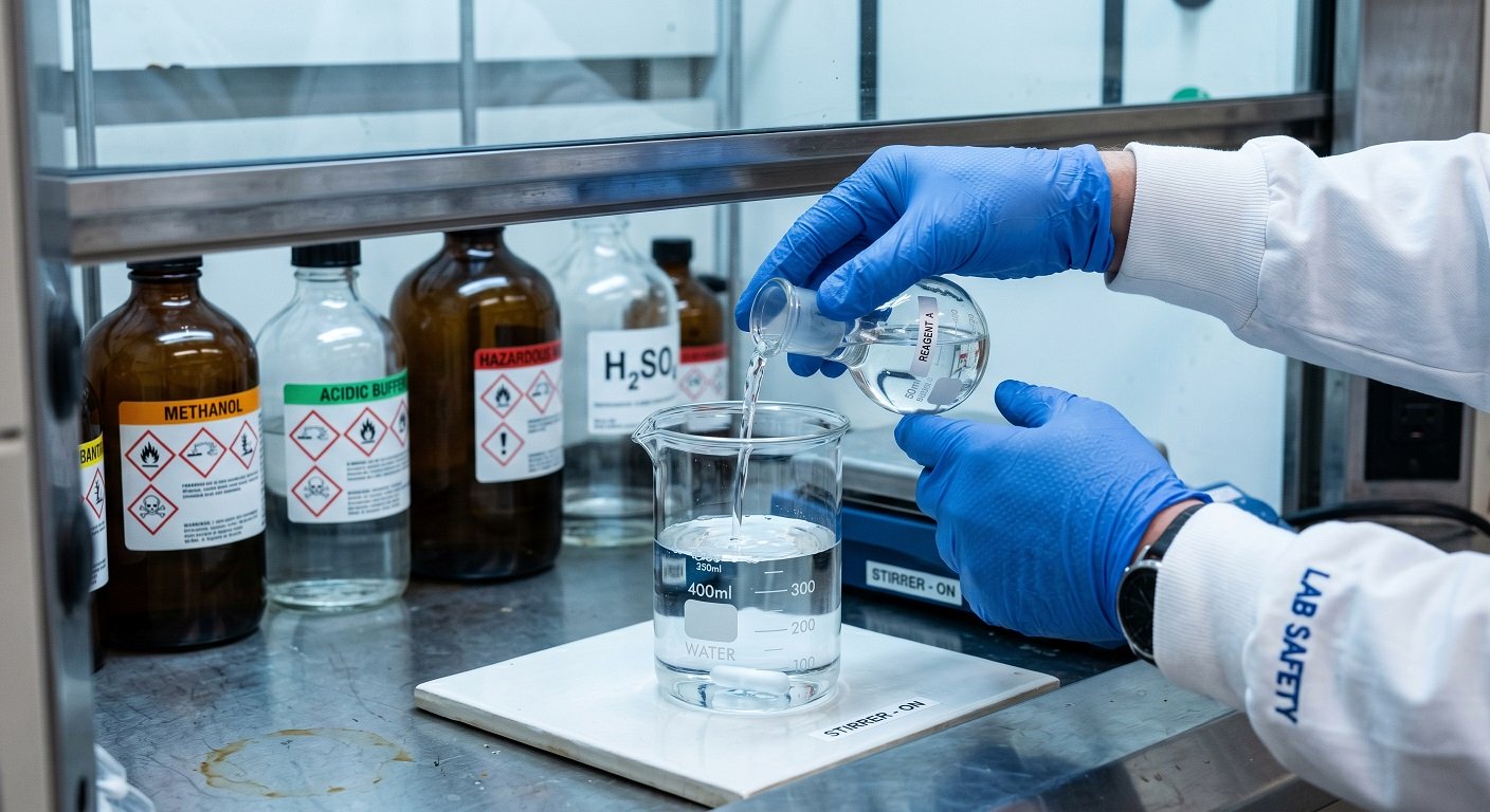 A scientist carefully adding acid to a beaker of water inside a fume hood, demonstrating correct dilution technique