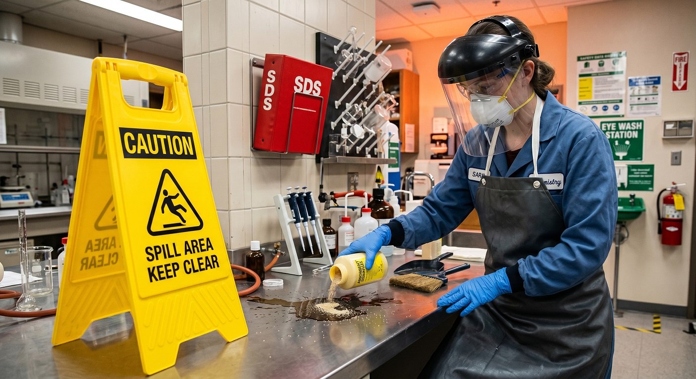 A laboratory worker in full PPE containing a chemical spill on a bench using appropriate absorbent materials