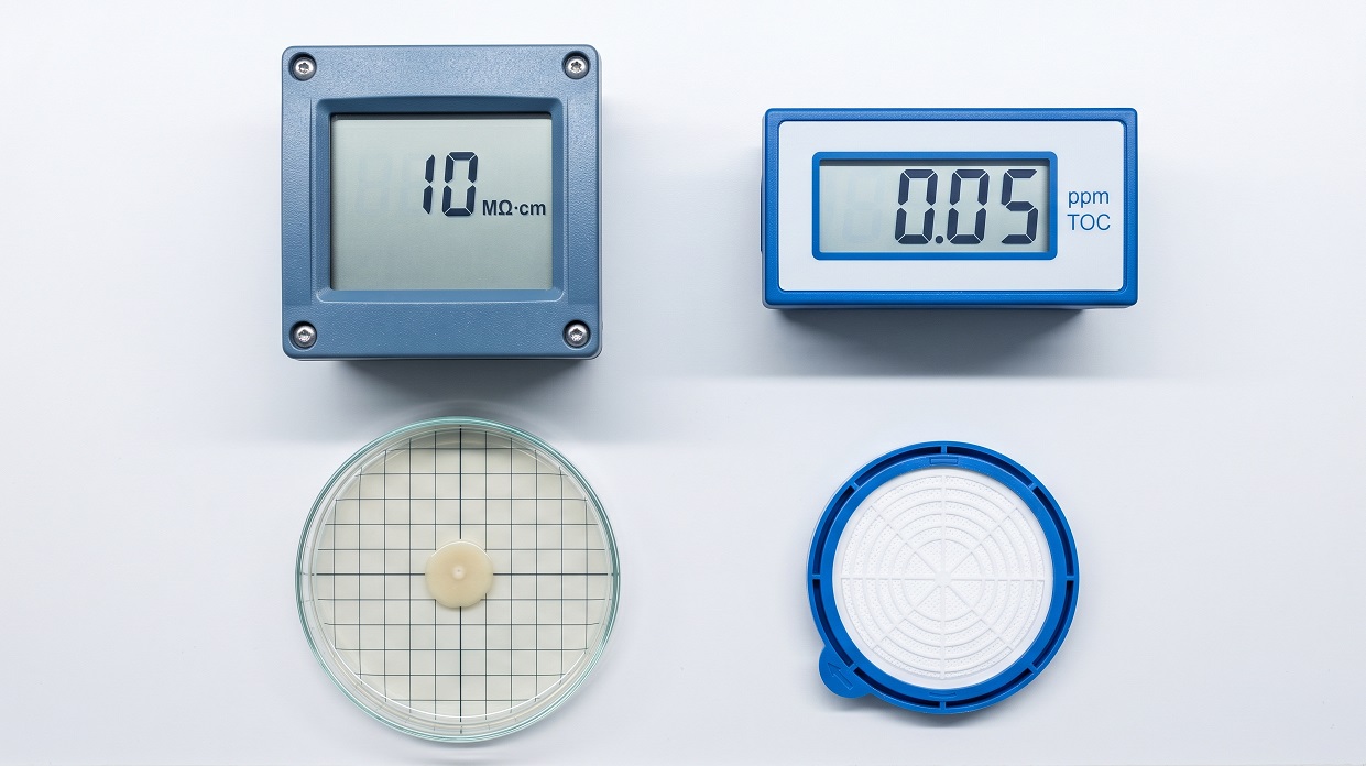 Diagram showing the four CLSI GP40 water quality parameters — resistivity, TOC, bacterial count, and particulate