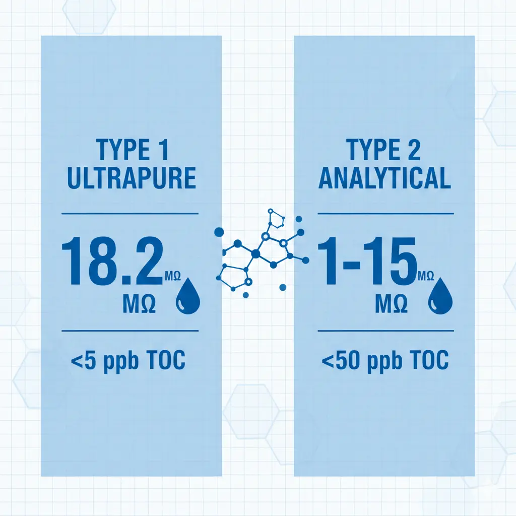 comparison table of Type 1 and Type 2 water
