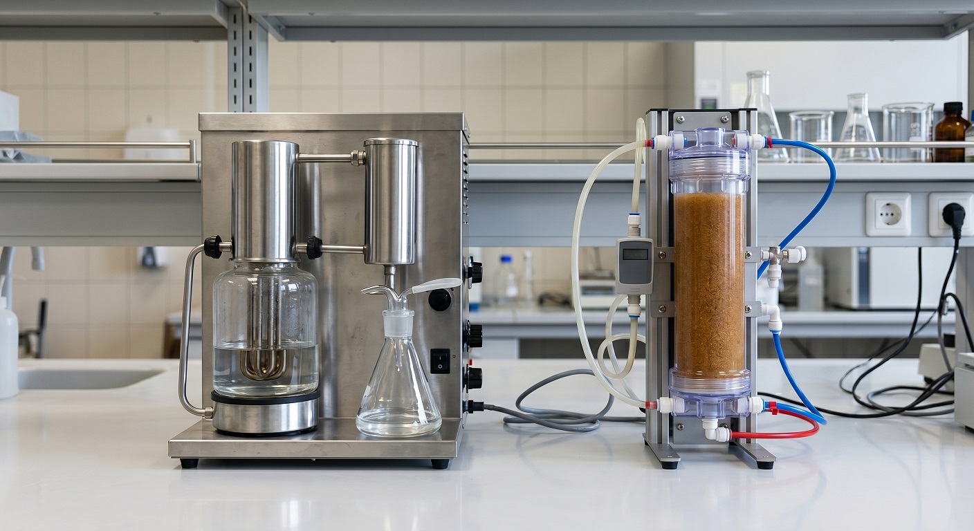 Side-by-side comparison of a water distillation unit and an ion exchange deionization cartridge on a laboratory bench