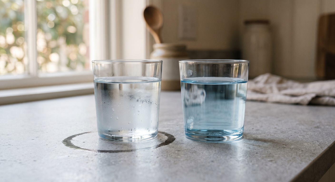 A clear glass of pure deionized water on a kitchen counter next to a glass of mineral water, illustrating the invisible difference between the two