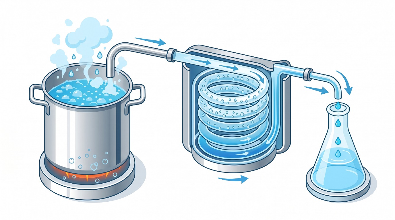 Diagram showing the distillation process: water boiling into steam, rising through a cooling corridor, and dripping into a clean collection container