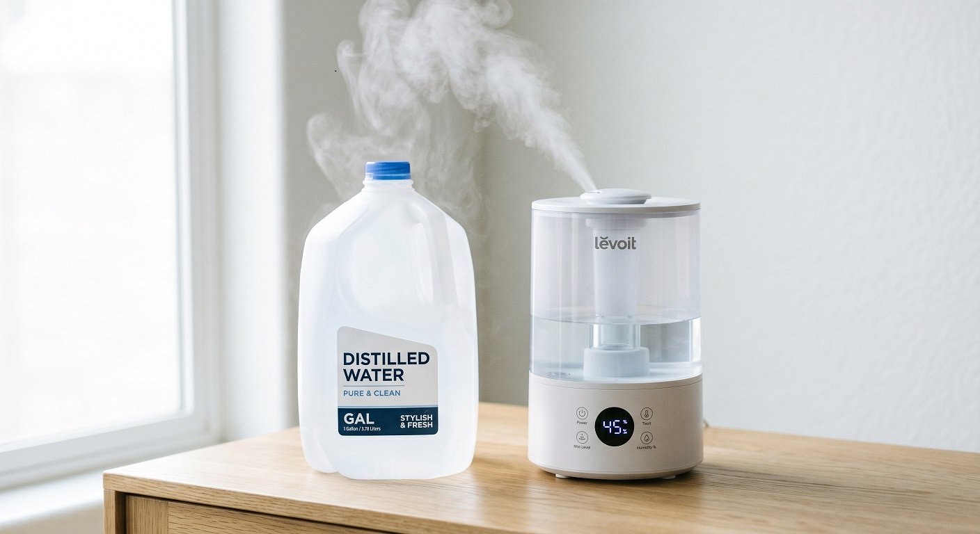 Gallon jug of distilled water next to a white ultrasonic humidifier on a wooden surface with clean mist rising