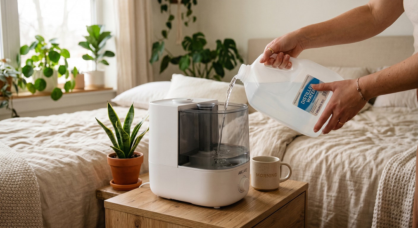A jug of distilled water being poured into a humidifier water tank to prevent limescale buildup
