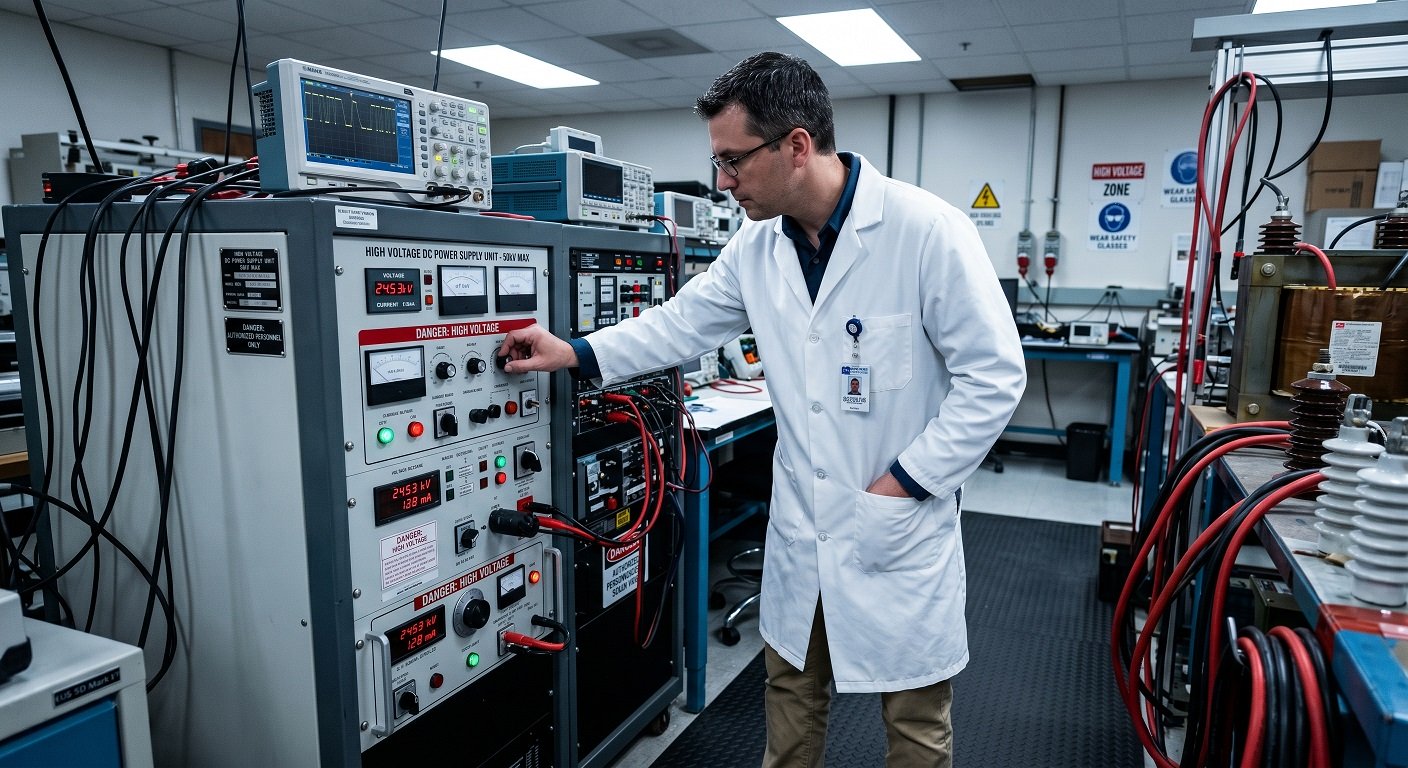 A lab technician using one hand to adjust high-voltage laboratory equipment while keeping the other hand visibly at their side