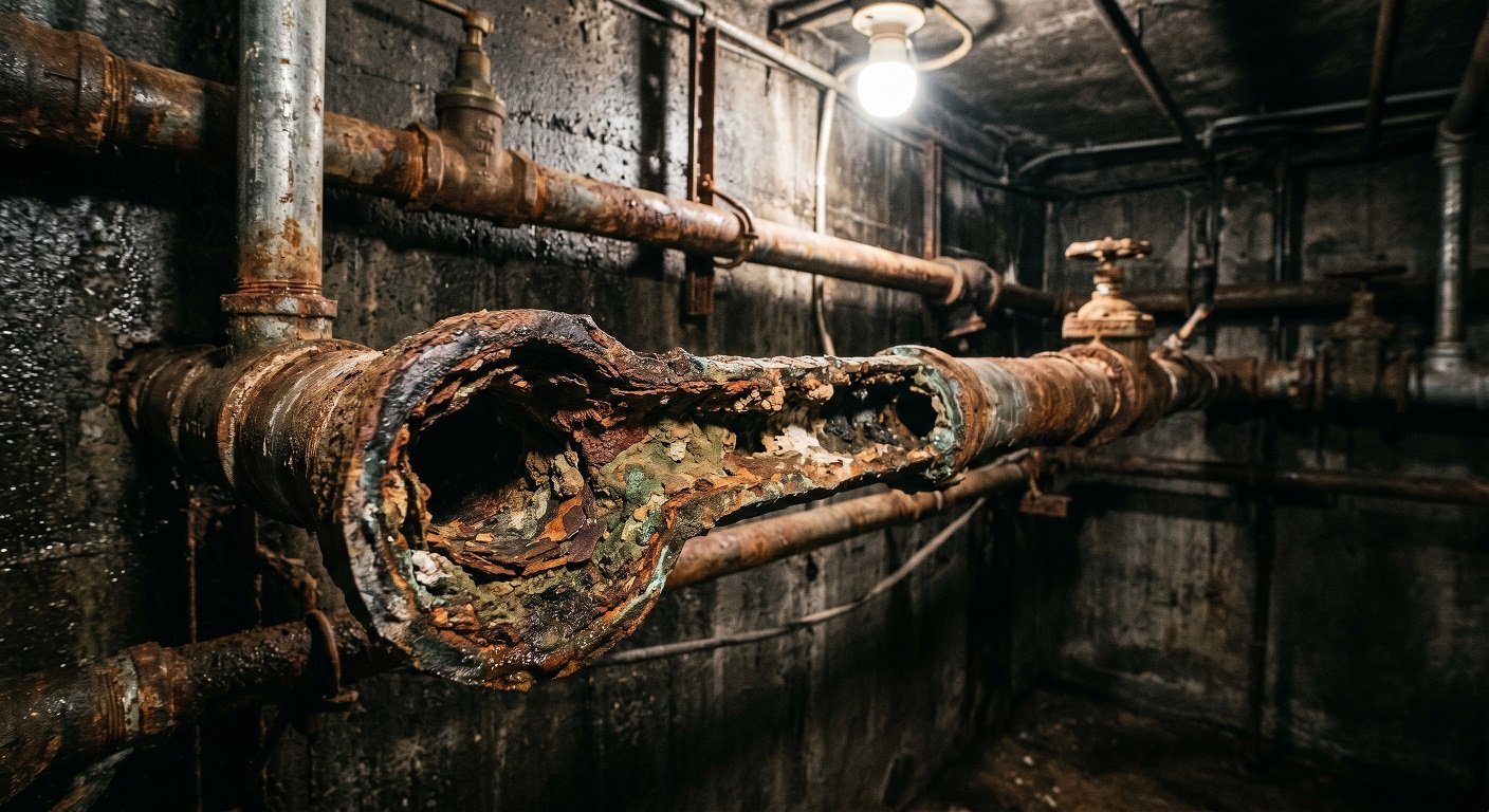 Corroded and discolored residential water pipes showing mineral buildup and lead leaching damage
