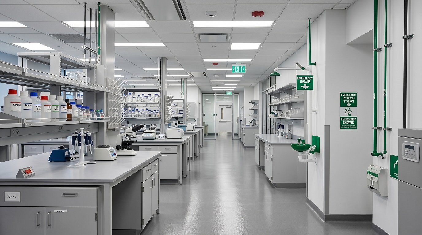 A clean, uncluttered laboratory with clearly marked emergency exit signs, labeled chemical storage, and accessible eyewash station