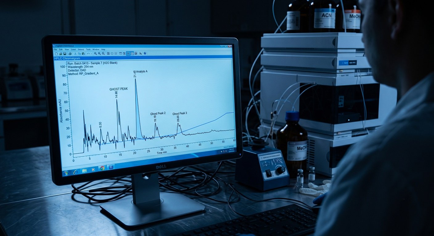 HPLC chromatogram display showing ghost peaks caused by water contamination in a laboratory setting