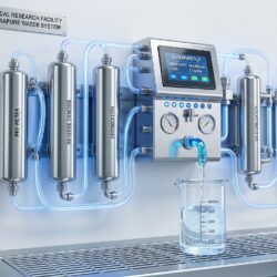 A medical-grade water purification system with stainless steel components and glowing blue illumination in a hospital laboratory setting
