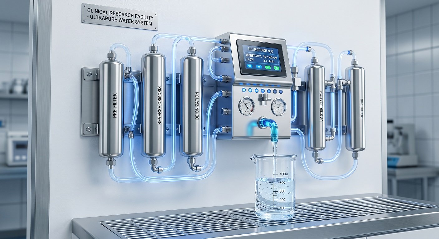 A medical-grade water purification system with stainless steel components and glowing blue illumination in a hospital laboratory setting