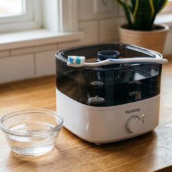 A person descaling a humidifier with white vinegar and a soft brush on a kitchen counter