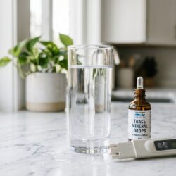 Close-up of a glass of remineralized RO water on a kitchen counter with mineral drops and a TDS meter nearby