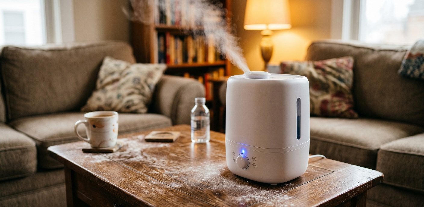 White mineral residue on a wooden surface near a running ultrasonic humidifier, showing why distilled water is recommended for home appliances