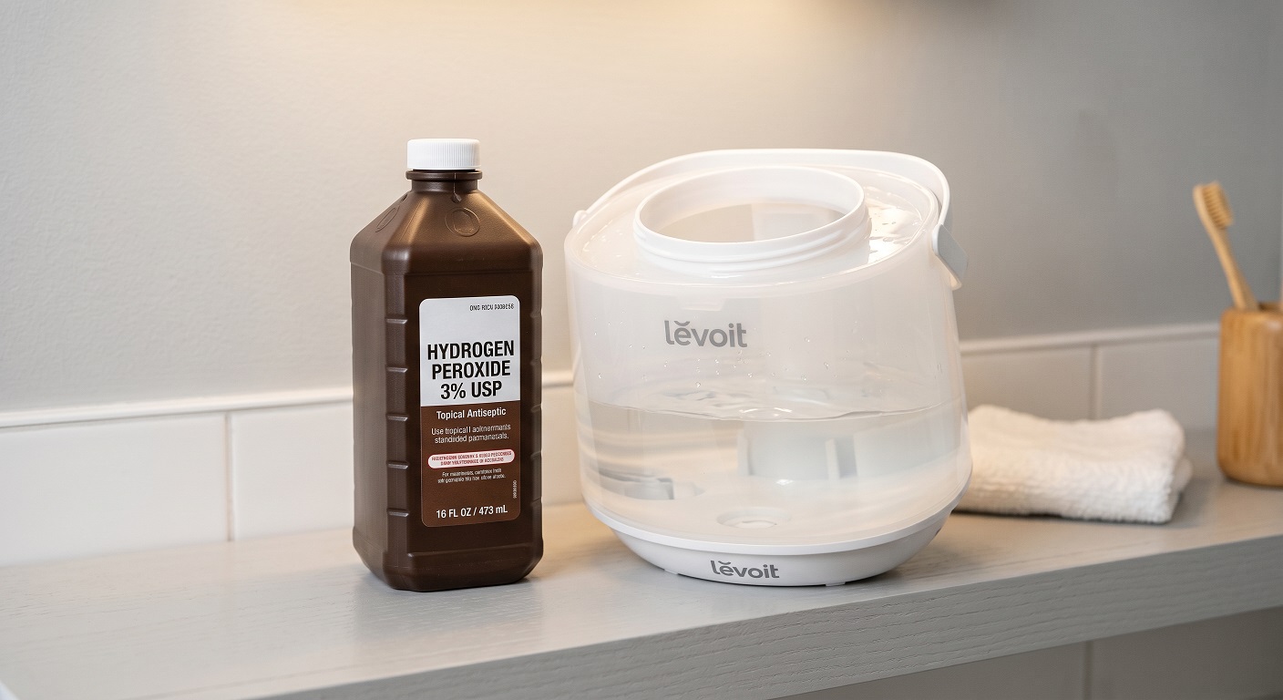 Bottle of 3% hydrogen peroxide next to an open humidifier tank being filled with disinfecting solution