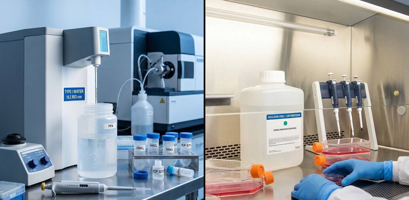 Split-view comparison of an ICP-MS instrument sample preparation station and a mammalian cell culture biosafety cabinet both using type 1 water