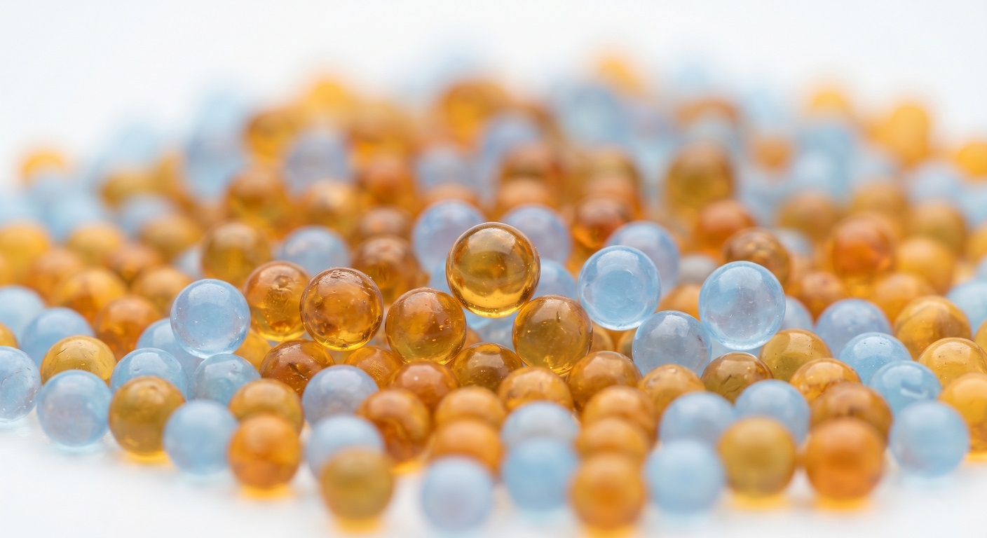 Extreme close-up of small amber and blue ion exchange resin beads used in water deionization systems