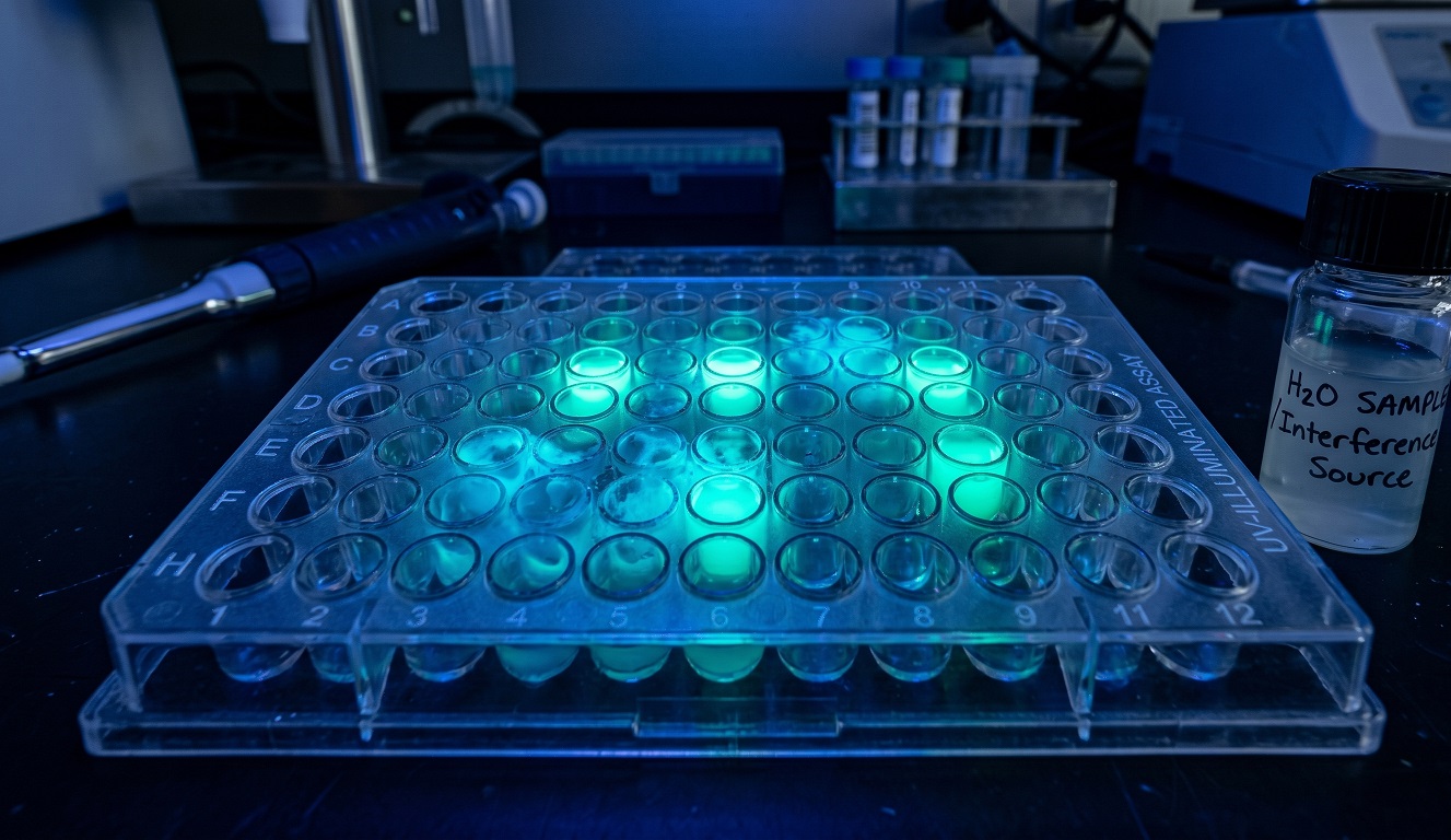 Close-up of an enzyme immunoassay microplate showing fluorescent well signals next to a vial of impure water