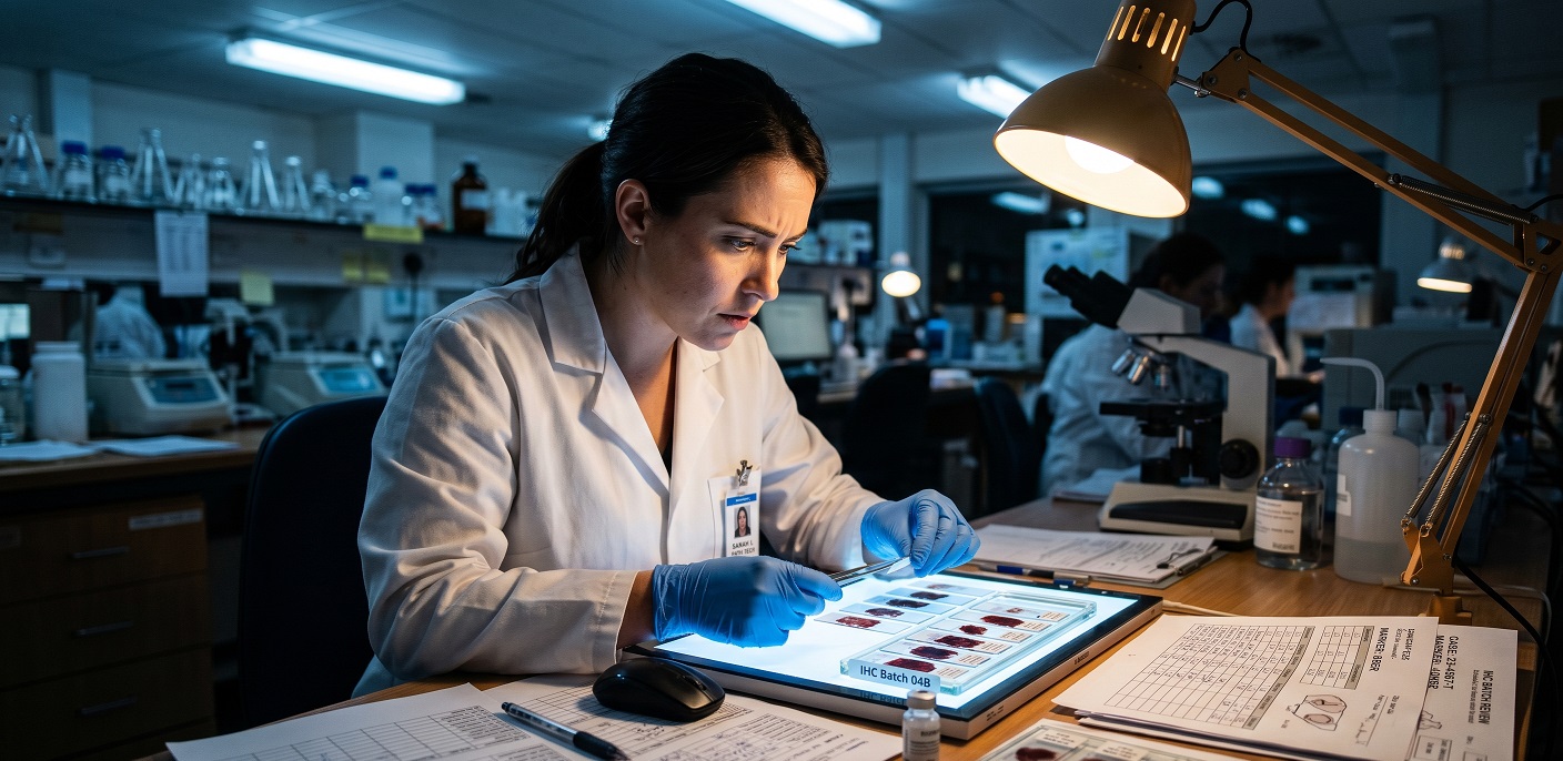 Pathology lab technician reviewing failed immunohistochemistry slides under a microscope, with printed batch records visible on the bench beside them