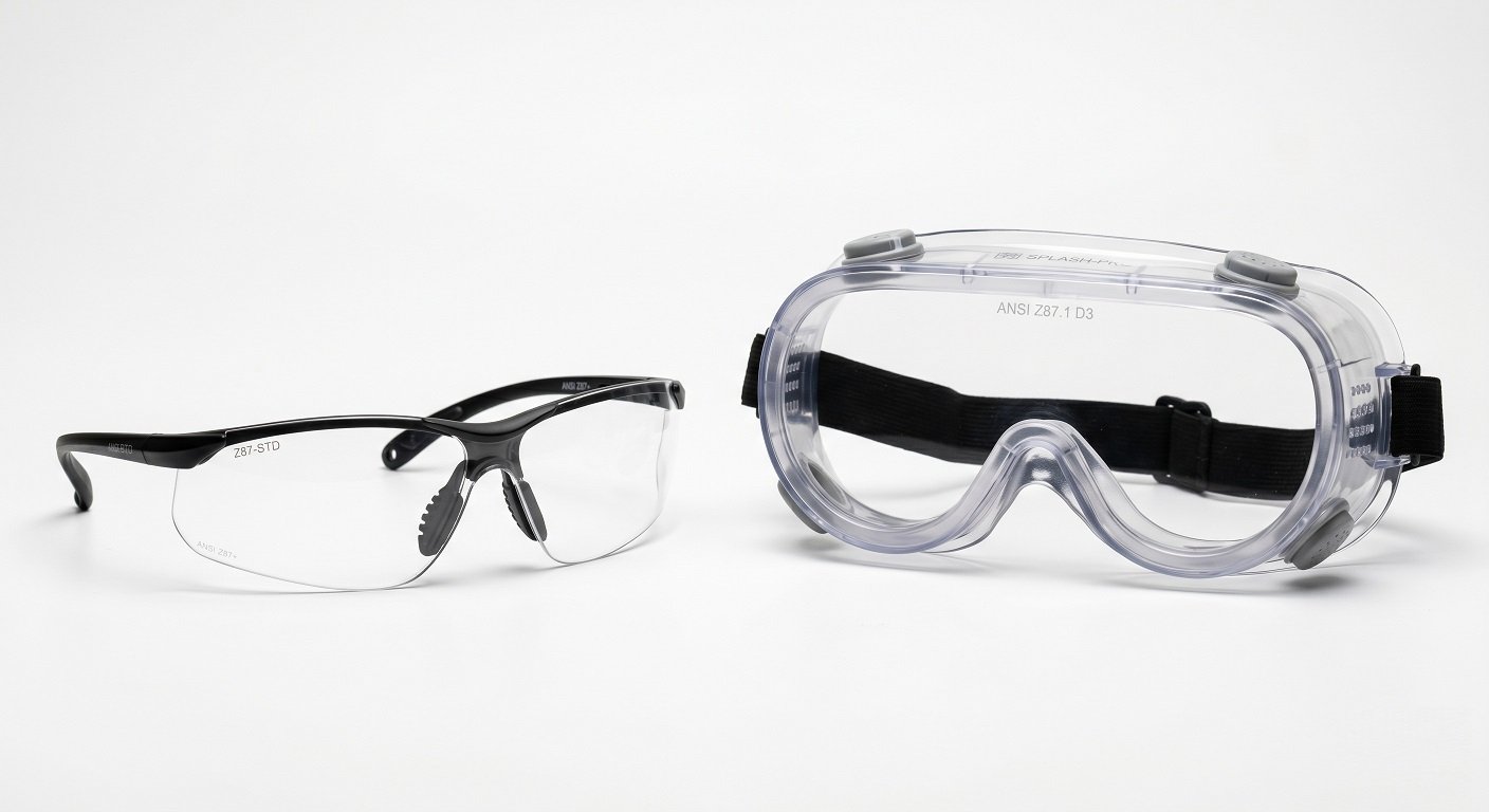 Side-by-side comparison of safety glasses and chemical splash goggles with indirect ventilation rated ANSI Z87 D3