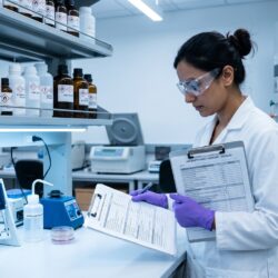 A laboratory professional reviewing lab safety rules at a well-organized bench, wearing full PPE including goggles and nitrile gloves