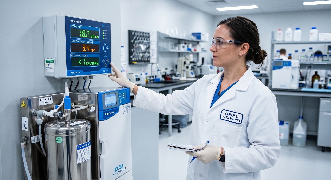 Laboratory technician monitoring resistivity, TOC, and microbial count readouts on a water quality system panel