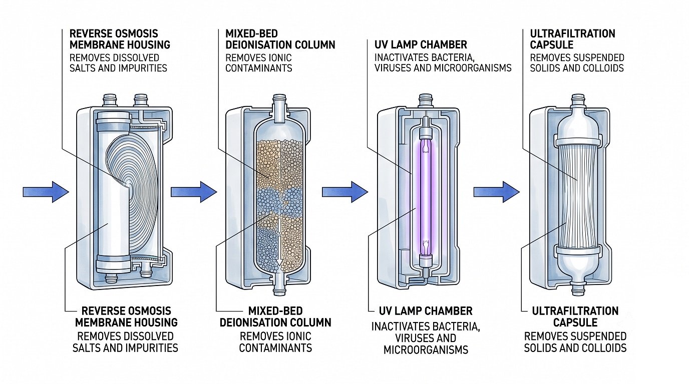Diagram showing multi-stage laboratory water purification process from RO pre-treatment through deionisation and UV oxidation to ultrapure output