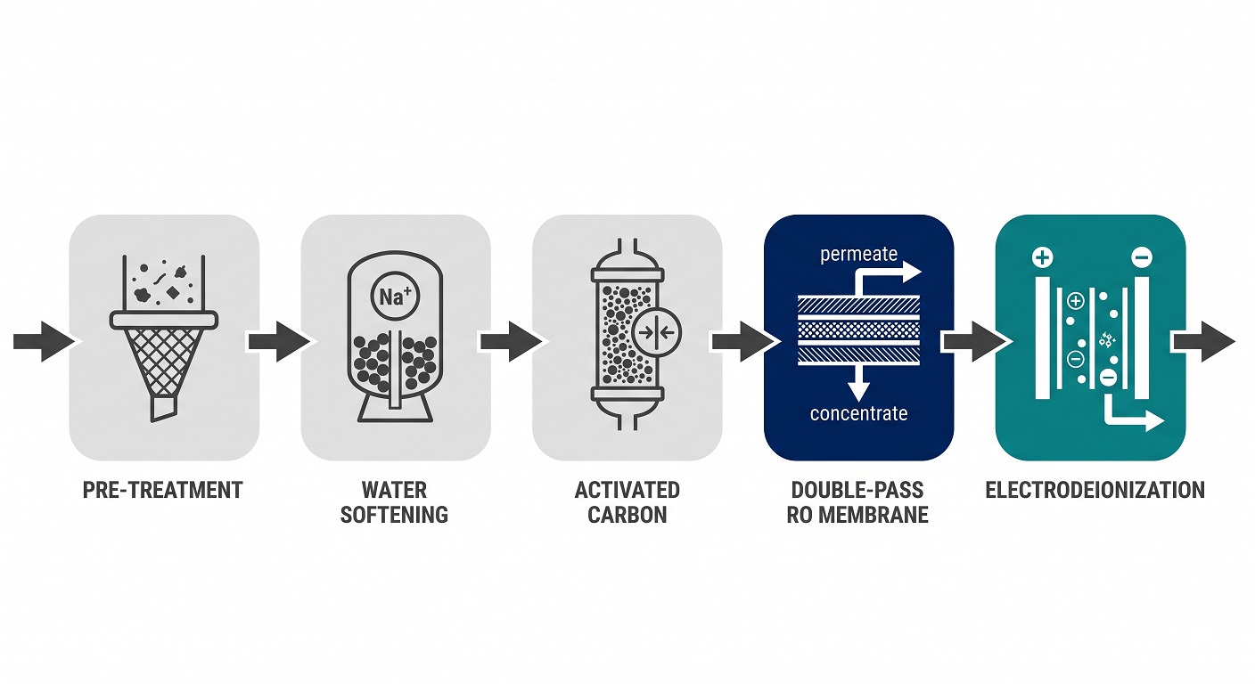 A diagram showing a multi-stage water purification flow from pre-treatment through RO membranes to final ionic polishing