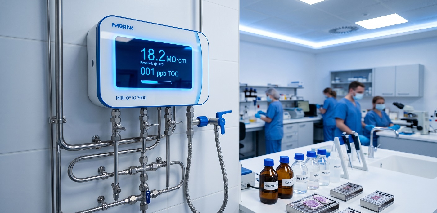 A dedicated pathology laboratory water purification system installed beside a clinical diagnostics workstation, emphasizing precision and purity