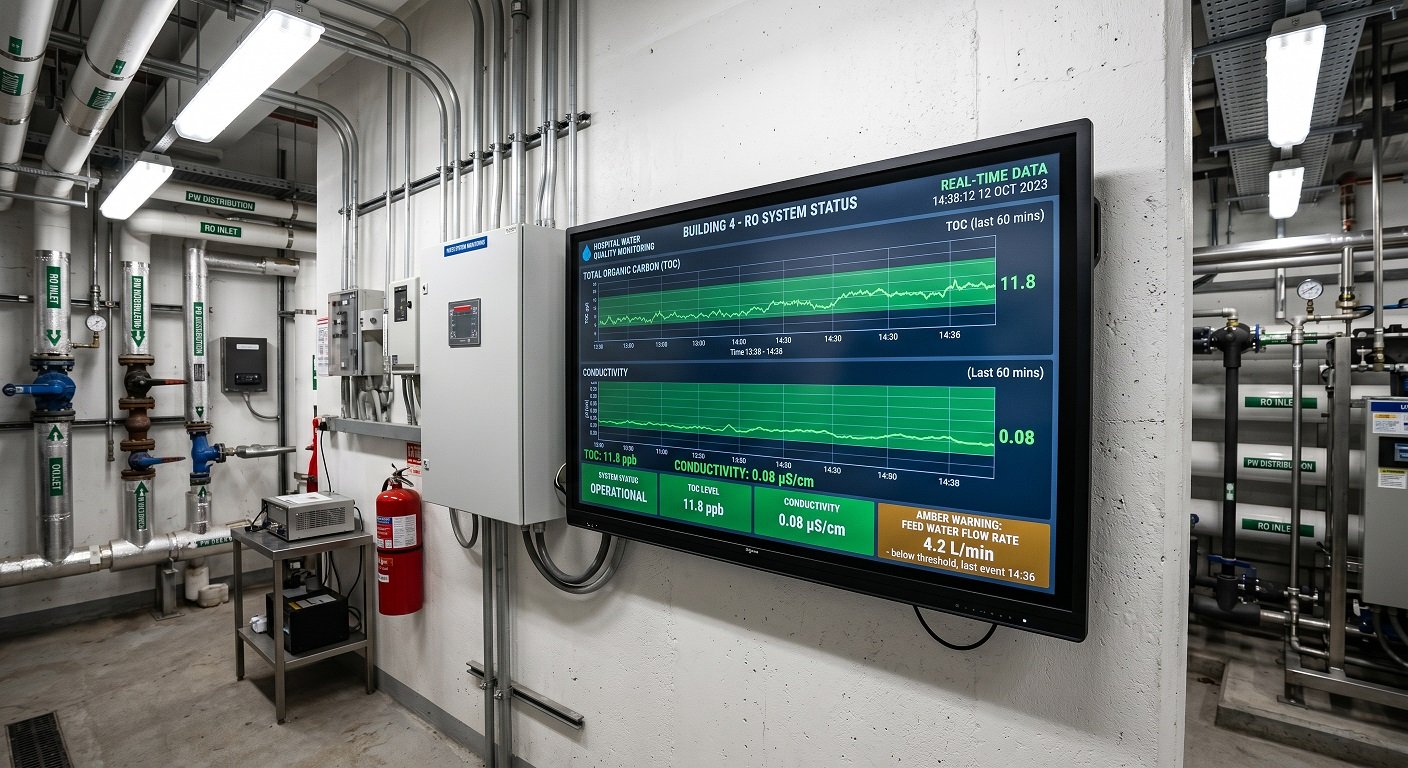 A digital monitoring dashboard displaying real-time water quality metrics including TOC levels and conductivity readings for a medical facility