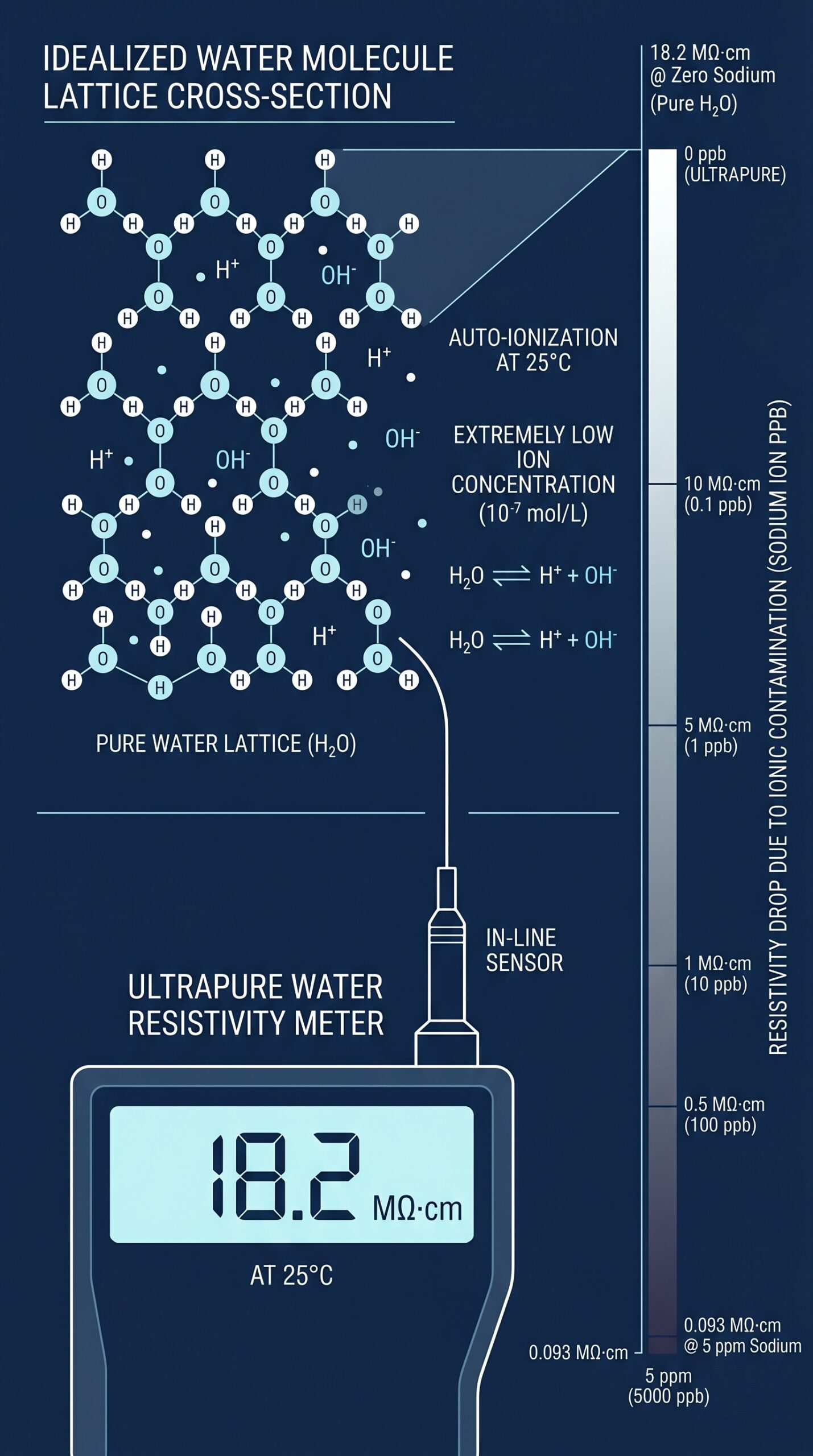 Scientific diagram showing water molecule self-ionization and resistivity measurement concept with ion concentration scale