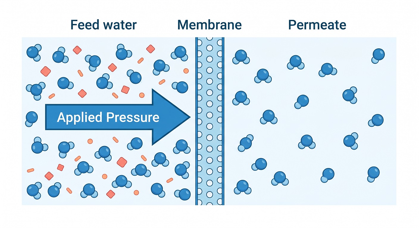 Diagram showing how reverse osmosis forces water molecules through a semi-permeable membrane while rejecting dissolved contaminants