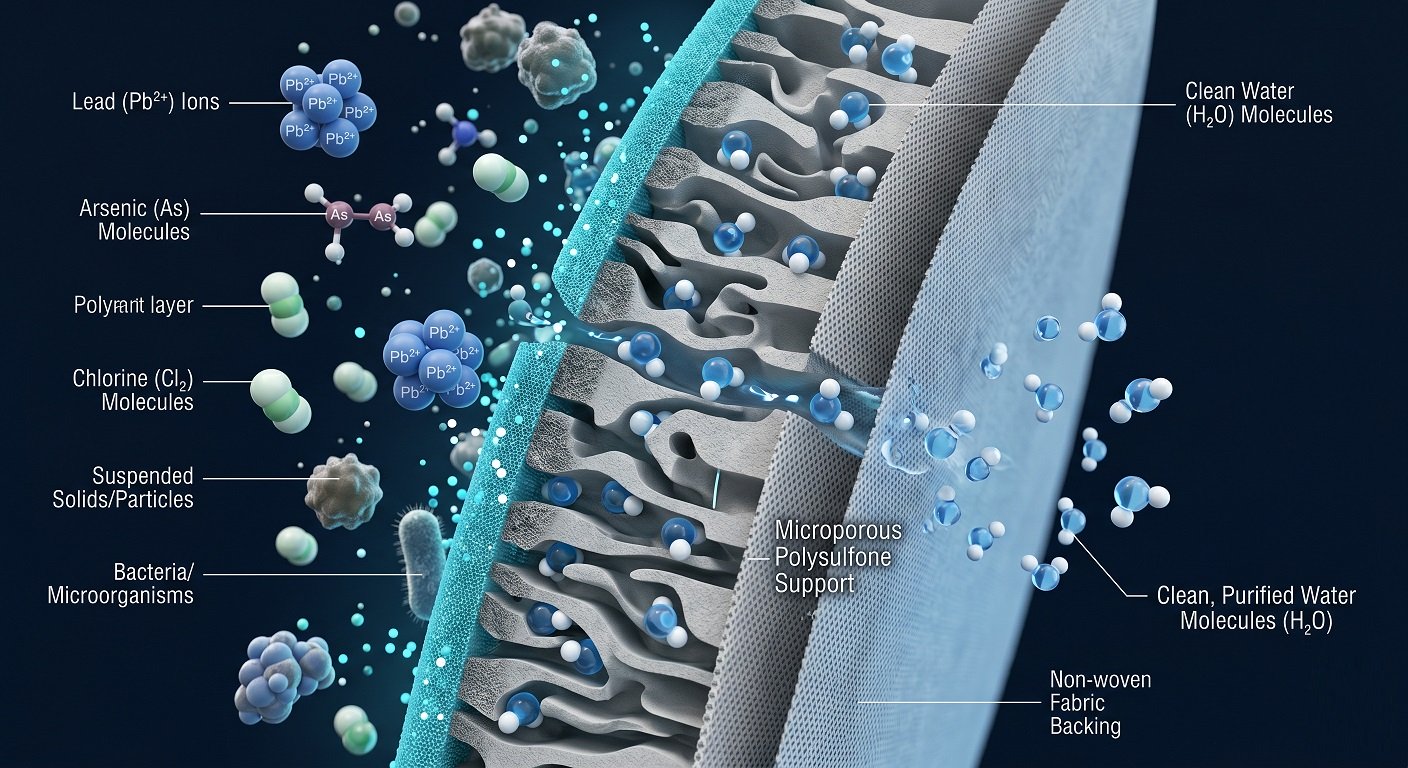 Close-up cross-section of a reverse osmosis membrane showing contaminant particles being blocked