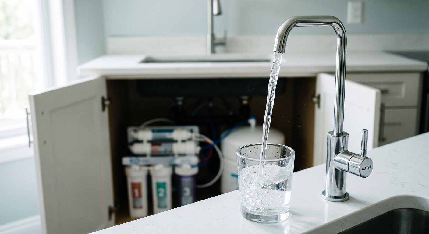 Clean drinking water flowing from a modern under-sink reverse osmosis tap in a bright kitchen, representing reverse osmosis water purification