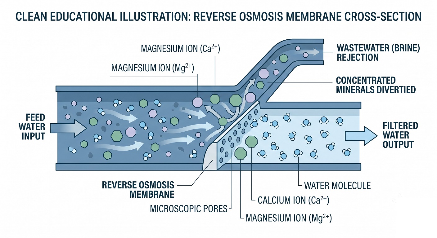 Diagram showing reverse osmosis membrane filtering out dissolved minerals including calcium and magnesium
