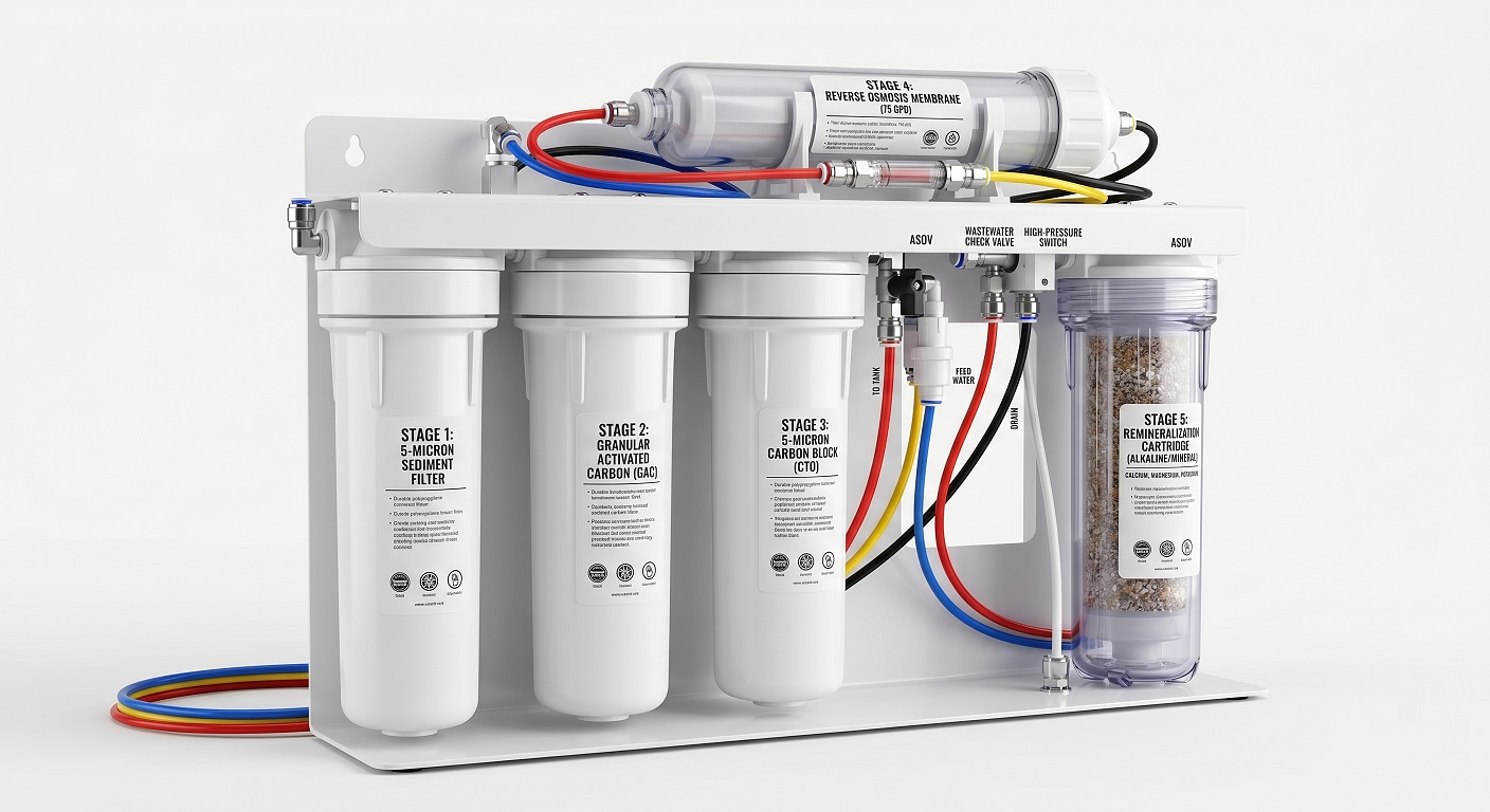 Under-sink reverse osmosis system with remineralization filter stage labeled
