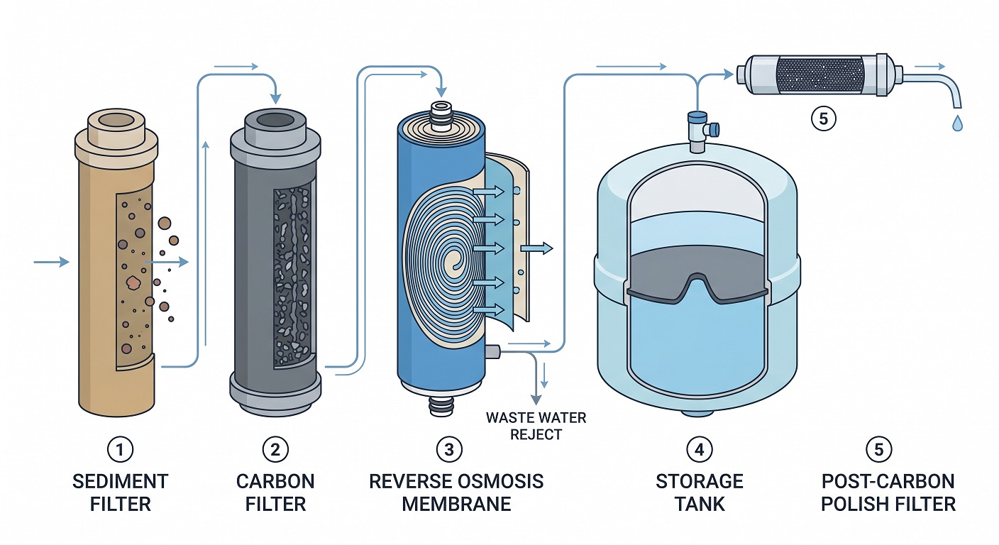 Five-stage reverse osmosis system diagram showing sediment filter, carbon pre-filter, RO membrane, storage tank, and post-carbon polishing filter
