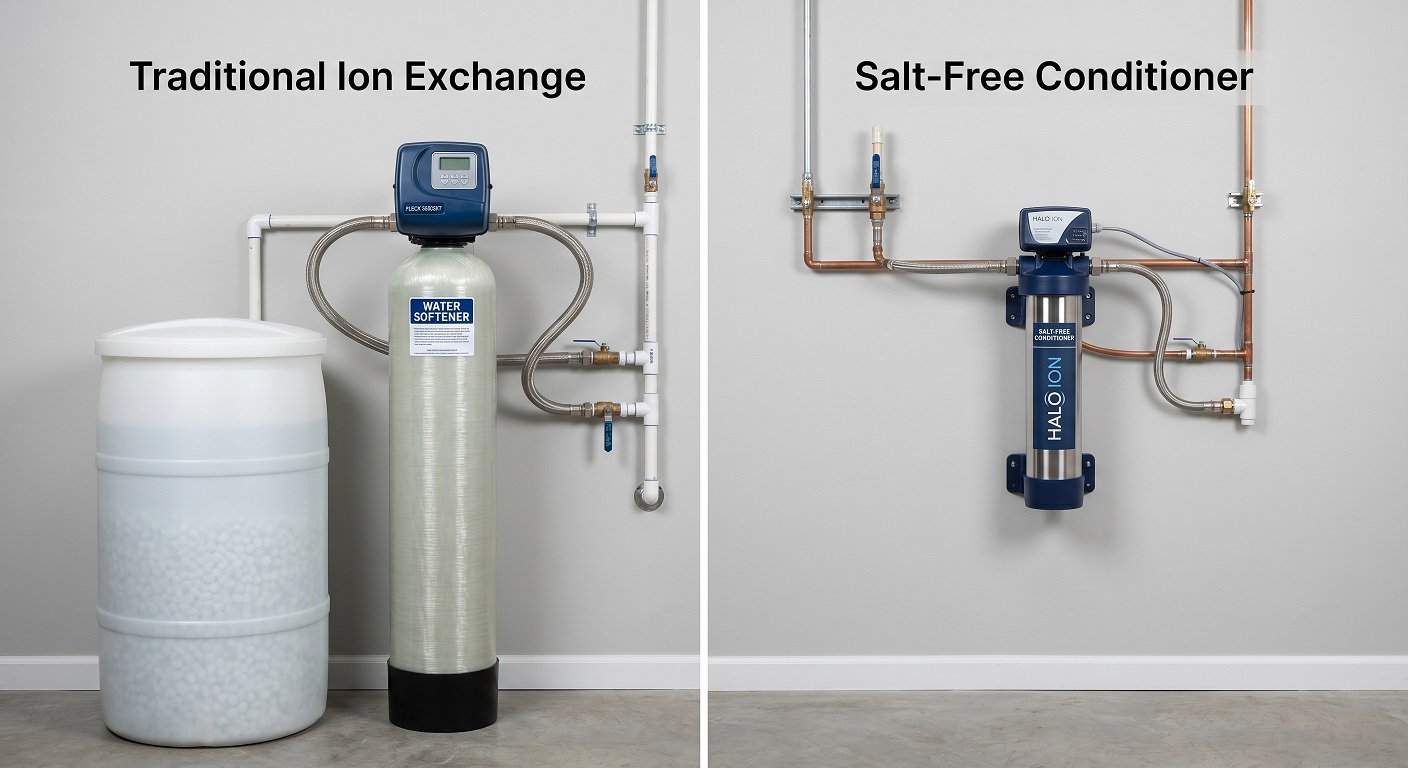Side-by-side comparison of a salt-based ion exchange water softener with brine tank versus a compact salt-free water conditioner unit