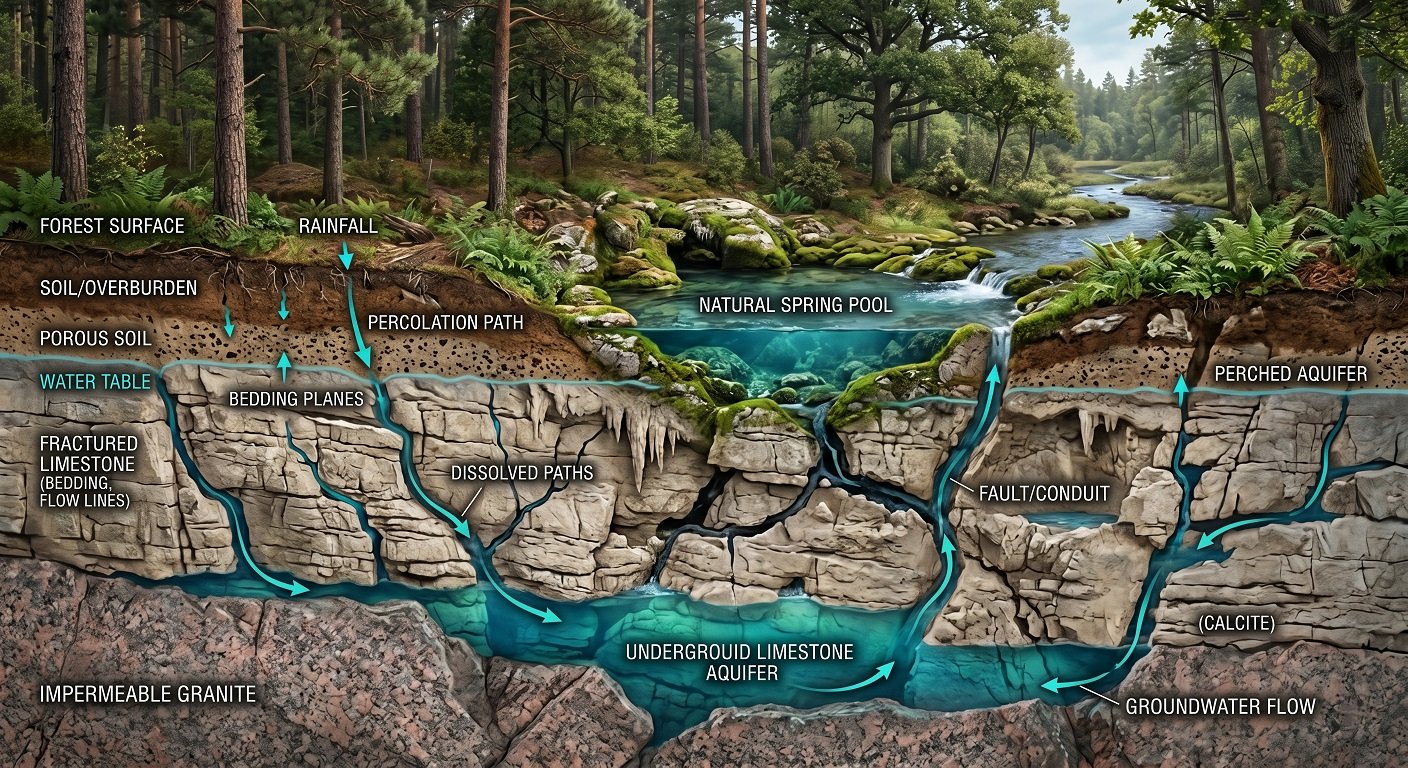 Underground cross-section showing spring water filtering through rock layers to a natural surface spring