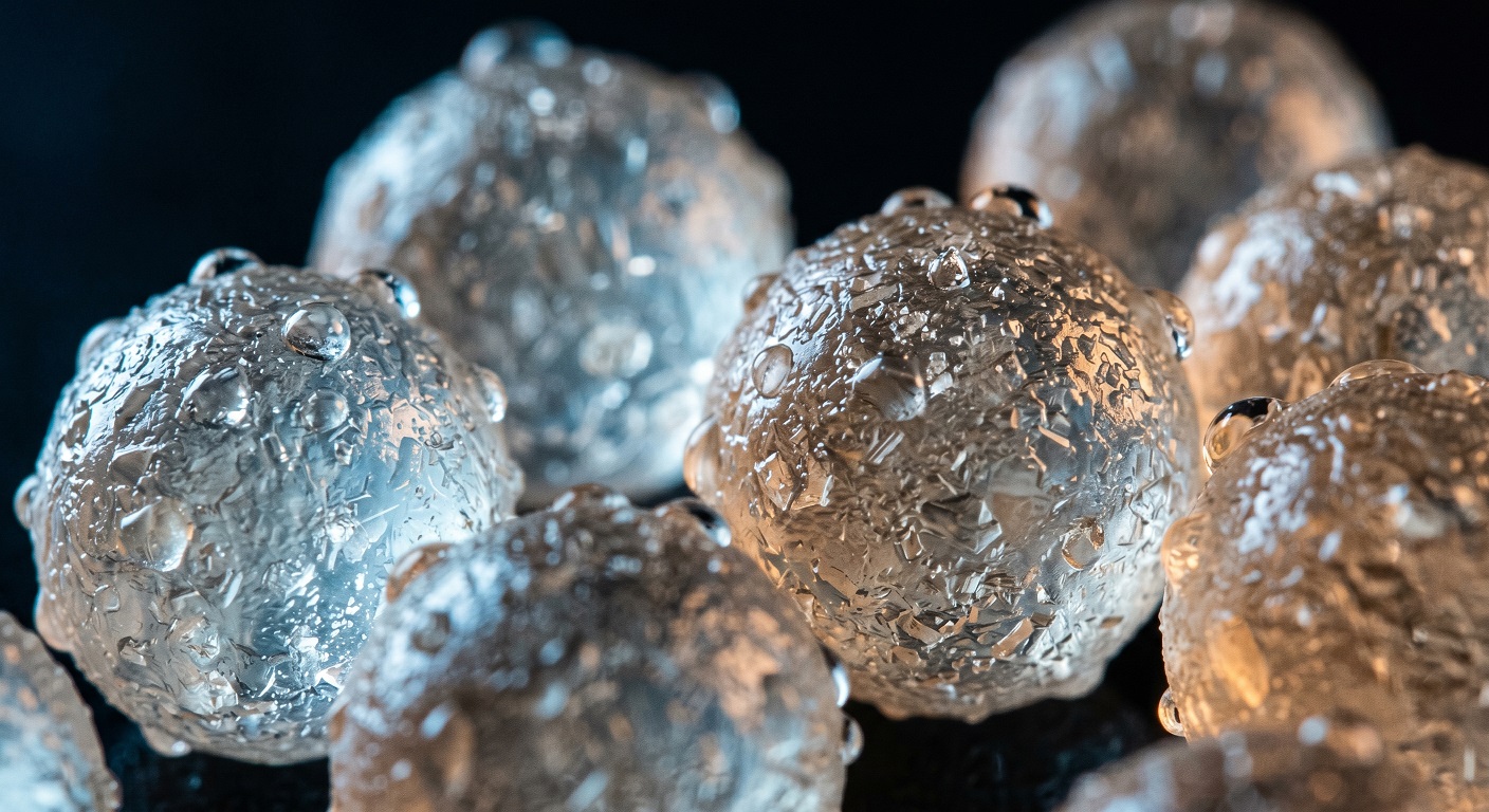 Close-up macro photograph of TAC media beads showing textured surface nucleation sites used in salt-free water conditioning