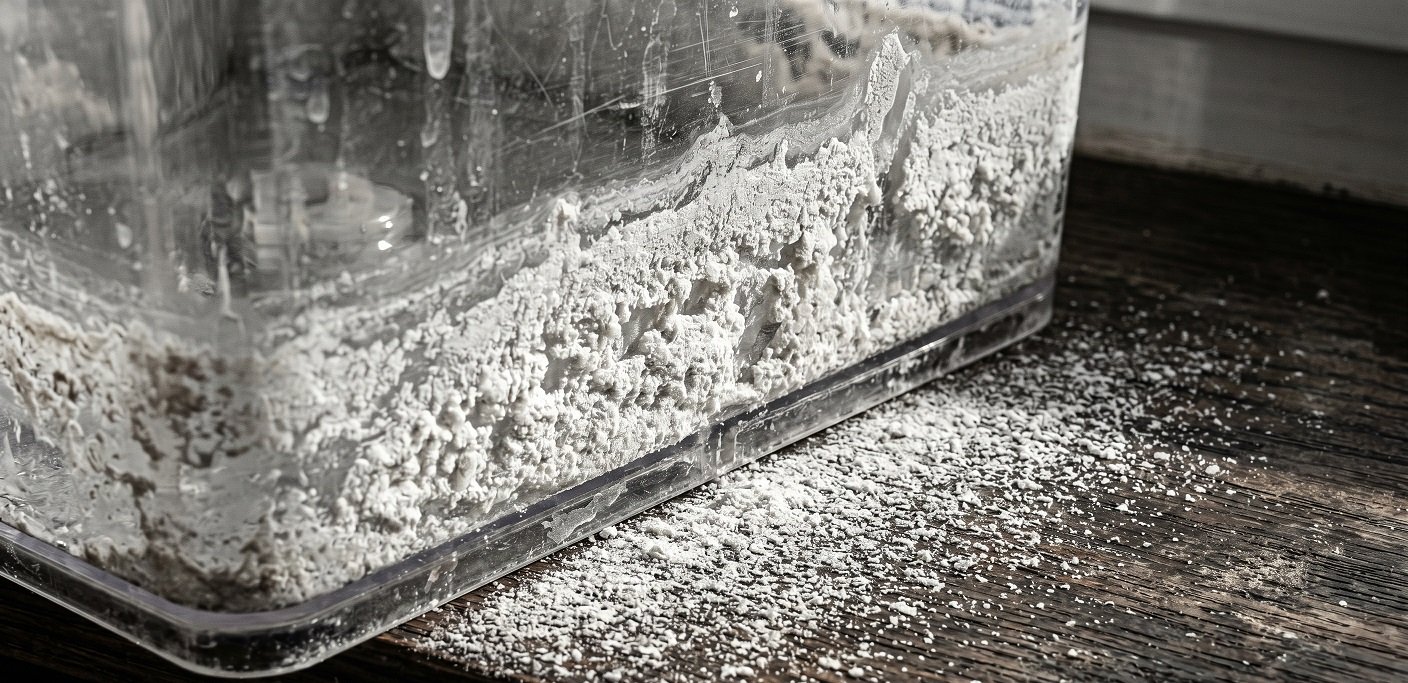 Close-up of white mineral scale deposits on a humidifier tank interior and surrounding furniture surfaces