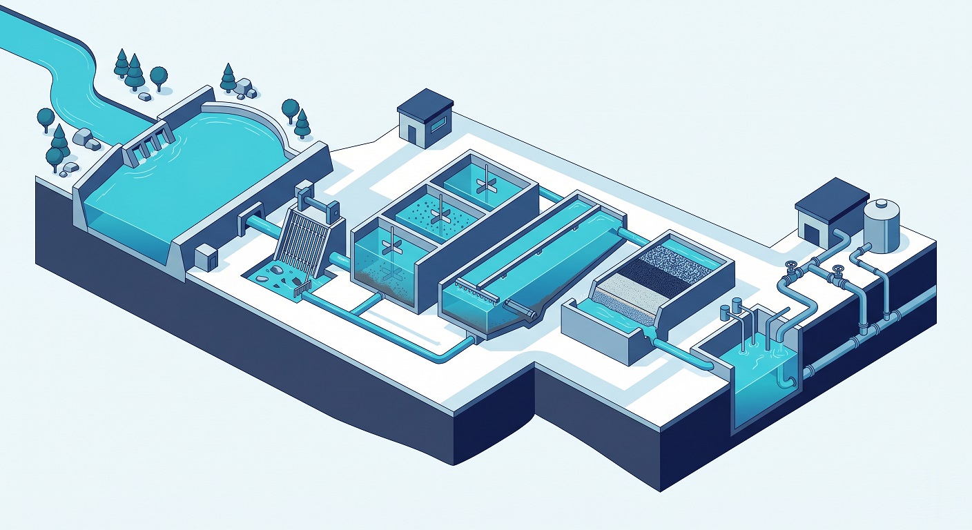 Diagram-style illustration of the seven stages of municipal tap water treatment
