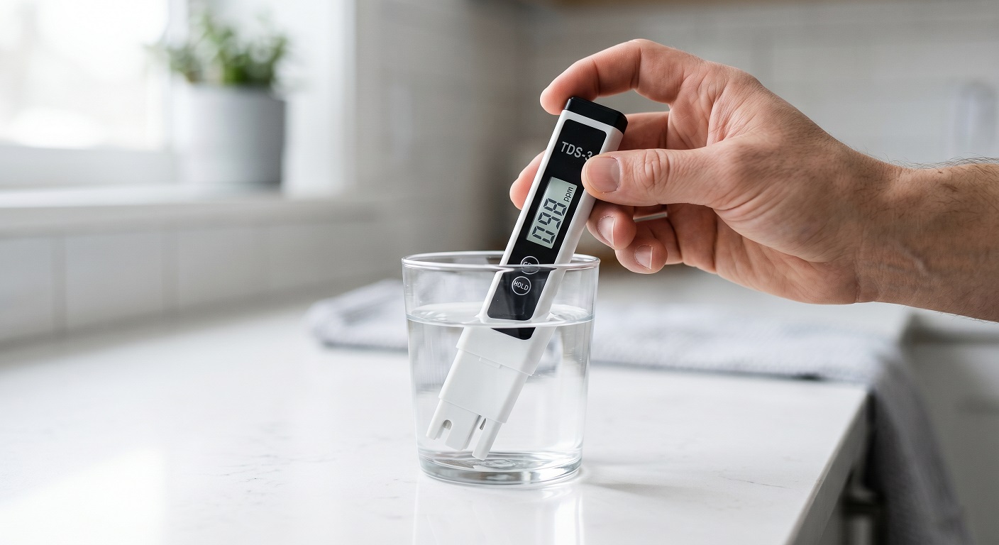 Hand holding a digital TDS meter dipped into a glass of remineralized RO water showing a reading in the target range