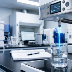 Type 1 water purification system dispensing ultrapure water into a laboratory flask in a modern analytical chemistry lab
