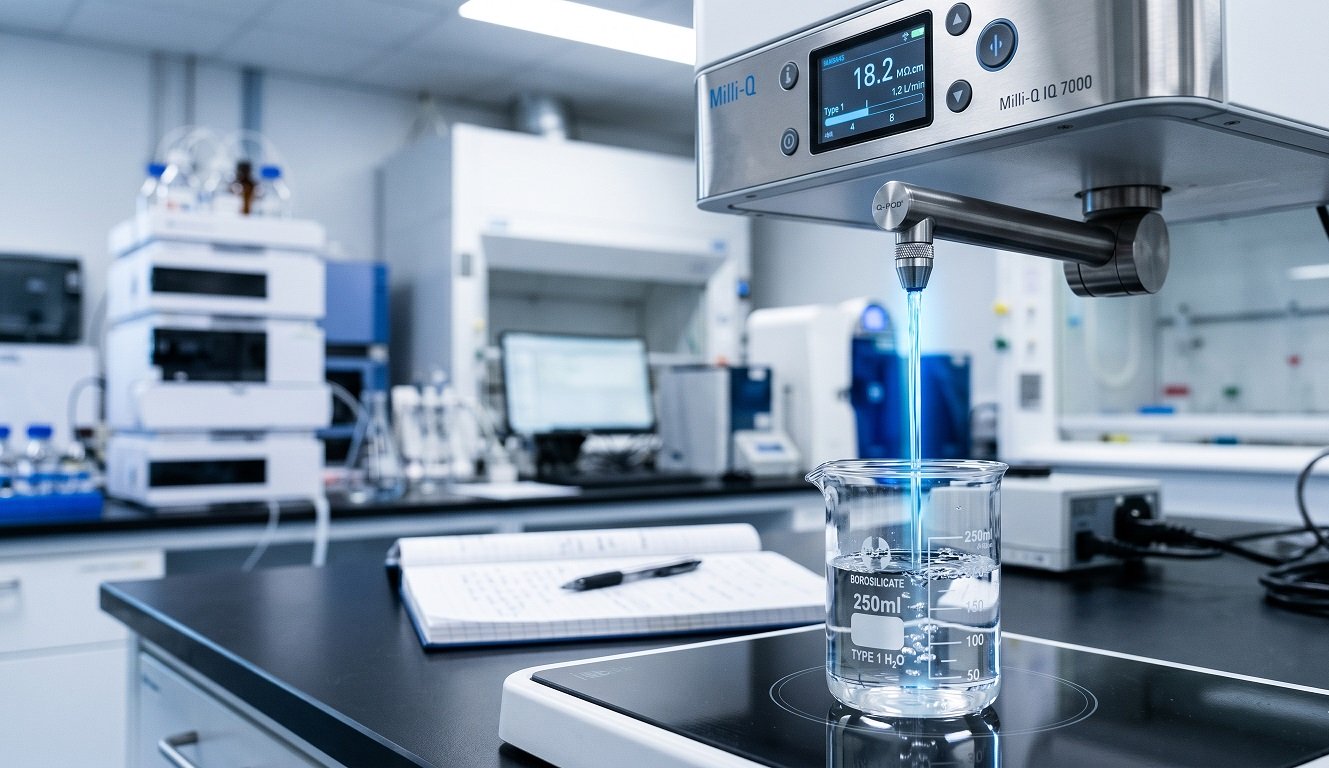 Type 1 water purification system dispensing ultrapure water into a laboratory flask in a modern analytical chemistry lab