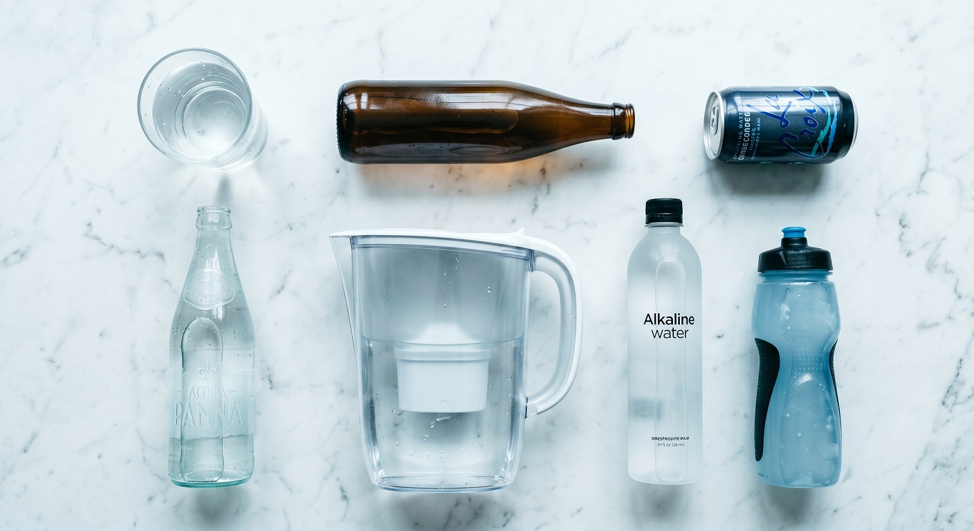 Flat lay of multiple water types including tap, mineral, sparkling, and alkaline bottles representing different types of water