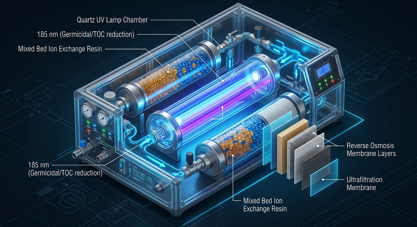 UV lamp inside a water purification chamber glowing blue, representing UV oxidation in lab water treatment