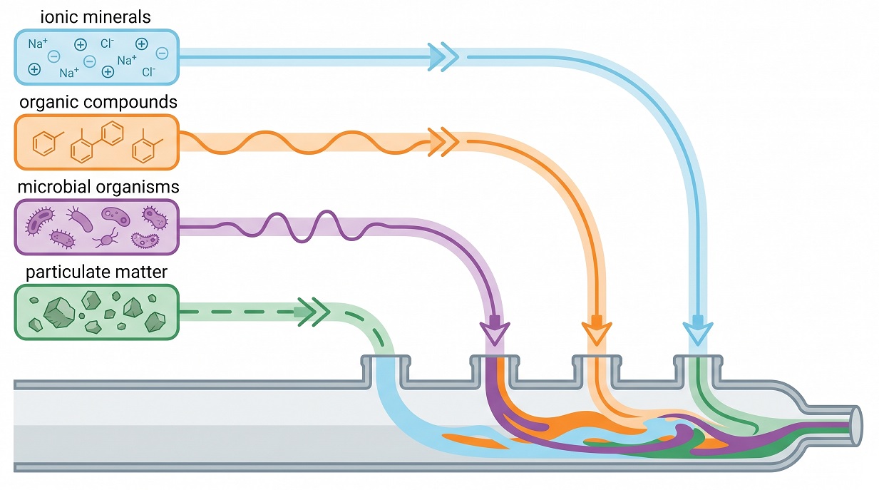 Diagram-style illustration showing ionic, organic, microbial, and particulate contaminants traveling through laboratory water into a staining workflow.
