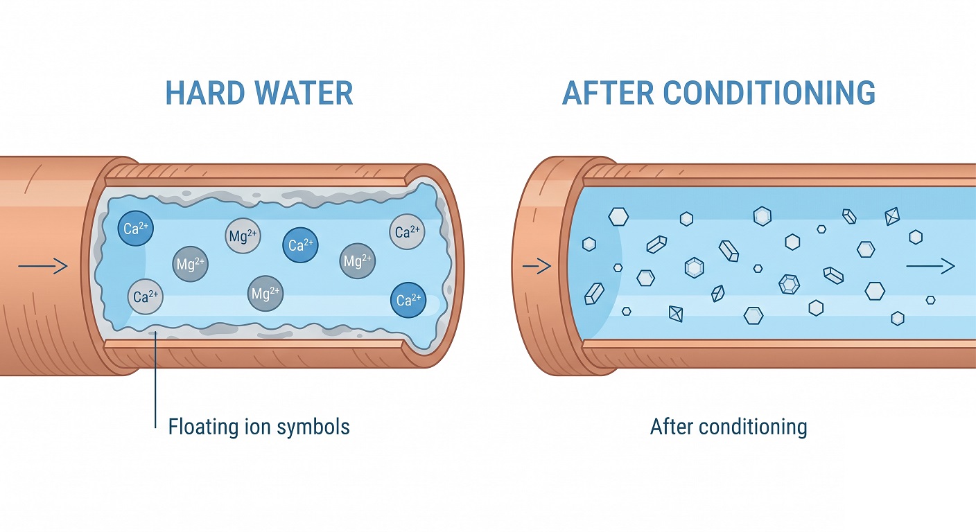 Diagram comparing dissolved calcium and magnesium ions in hard water versus crystallized micro-particles after passing through a salt-free conditioner
